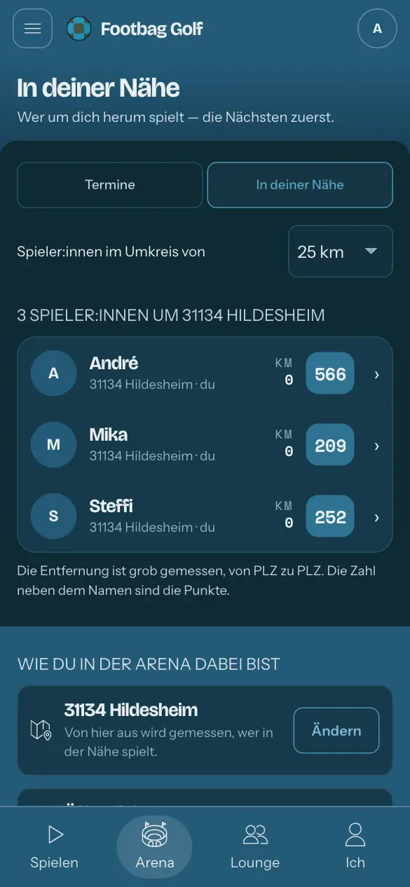 Spieler:innen in der Nähe: Name, Ort und PLZ, die Entfernung.