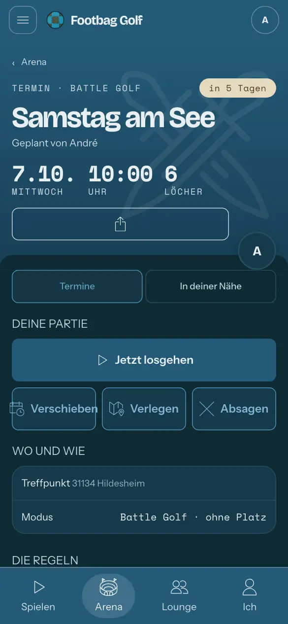 Ein geplantes Spiel: Tag und Uhrzeit, der Treffpunkt, wer kommt.