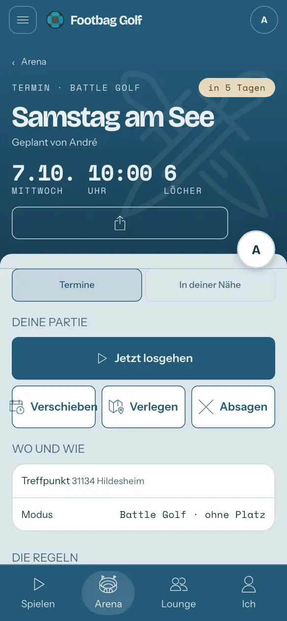 Ein geplantes Spiel: Tag und Uhrzeit, der Treffpunkt, wer kommt.