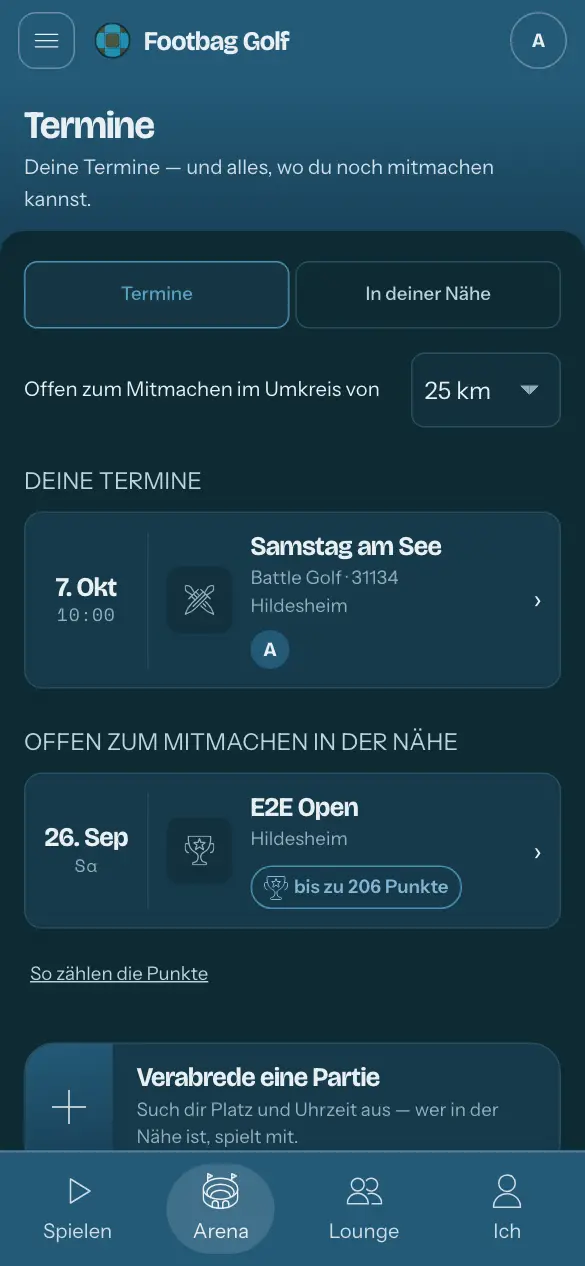 Arena, unten in der Leiste hervorgehoben: die kommenden Termine, jeder mit „bis zu“ so vielen Punkten.