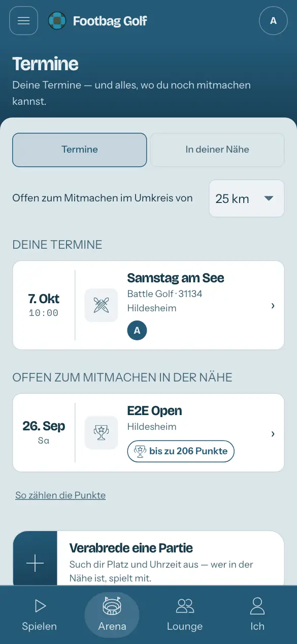 Arena, unten in der Leiste hervorgehoben: die kommenden Termine, jeder mit „bis zu“ so vielen Punkten.