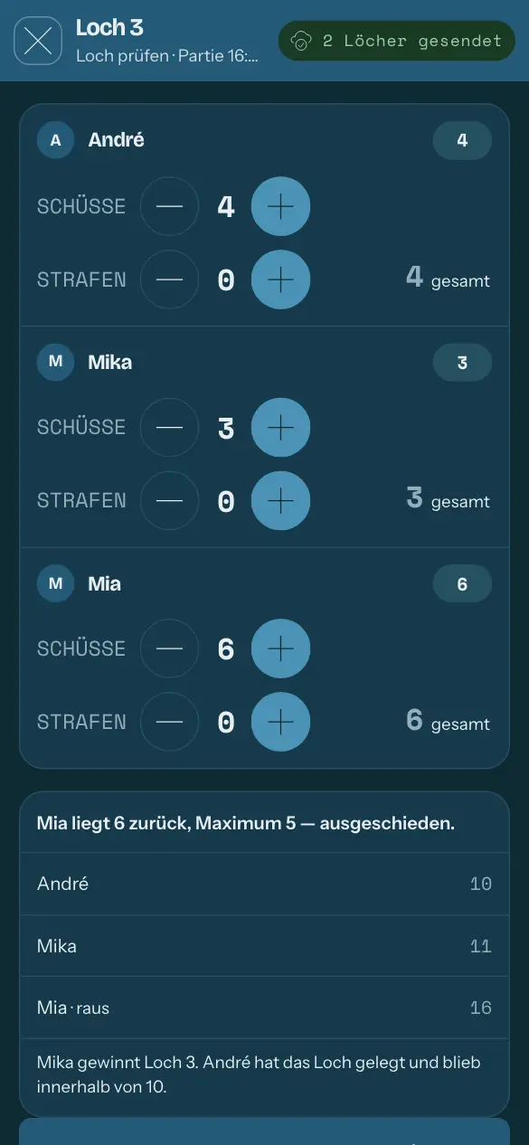 Battle Golf, ein Loch bestätigen: Wer zu weit zurückliegt, ist raus.