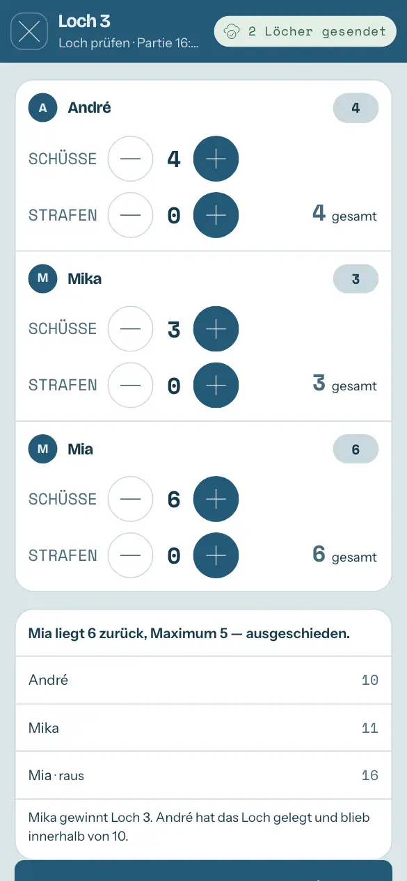 Battle Golf, ein Loch bestätigen: Wer zu weit zurückliegt, ist raus.