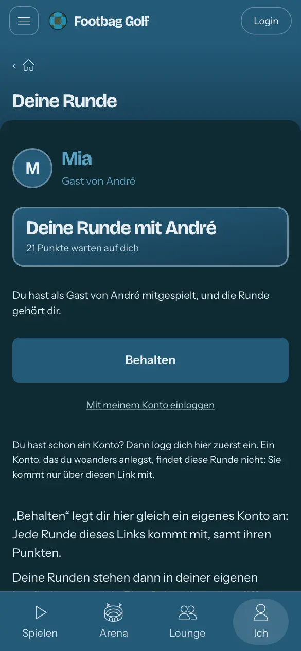 Der Link des Gasts: deine Runde, die Punkte, die auf dich warten, und „Behalten“.