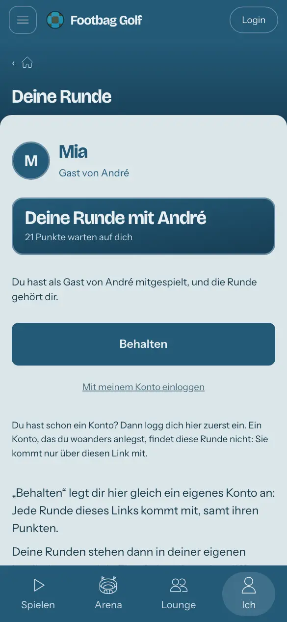 Der Link des Gasts: deine Runde, die Punkte, die auf dich warten, und „Behalten“.