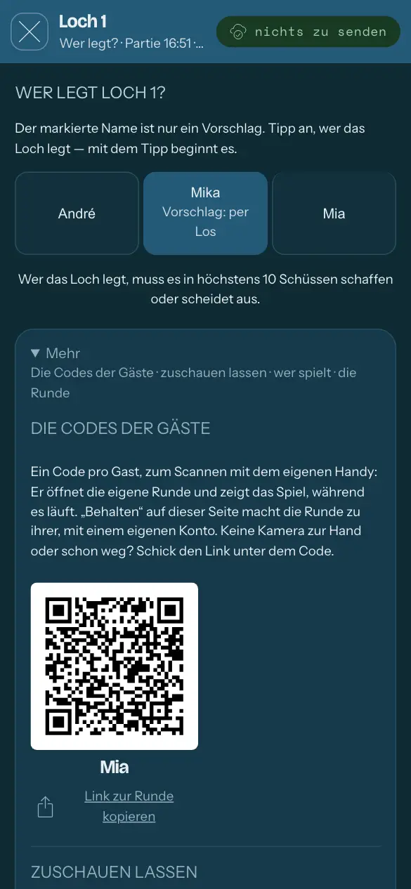 Ein laufendes Spiel, unter „Mehr“: ein Code je Gast.