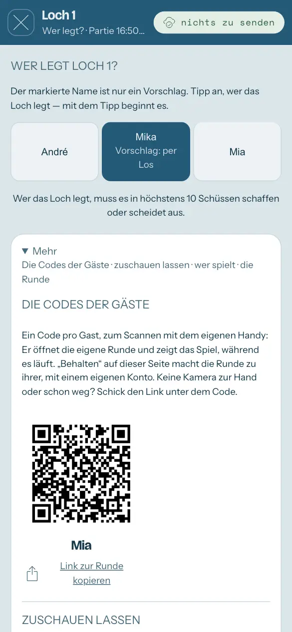 Ein laufendes Spiel, unter „Mehr“: ein Code je Gast.