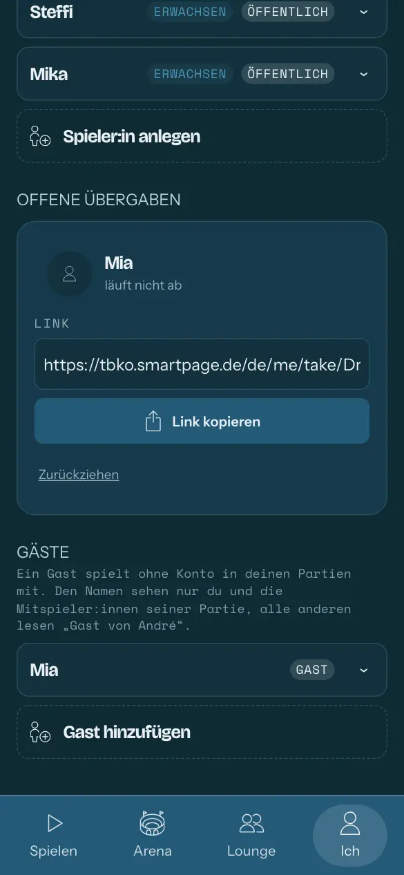 Ich, unten in der Leiste hervorgehoben: deine eigene Spieler:in, die Familie, die Gäste.