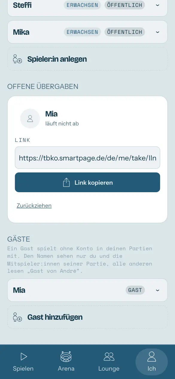 Ich, unten in der Leiste hervorgehoben: deine eigene Spieler:in, die Familie, die Gäste.