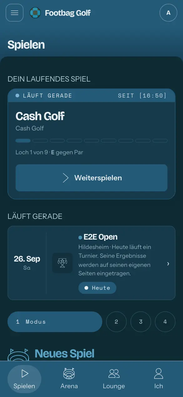 Spielen, unten in der Leiste hervorgehoben: dein laufendes Spiel mit seinen Löchern und „Weiterspielen“, darunter ein neues Spiel.