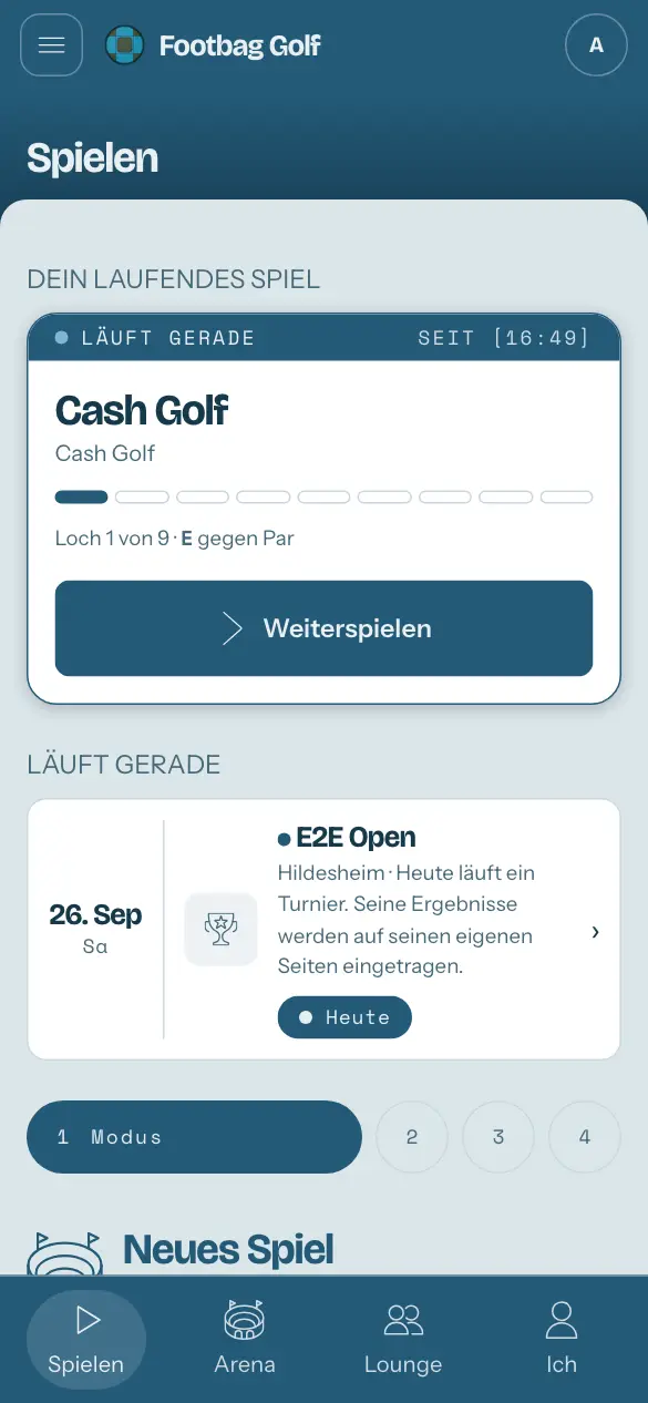 Spielen, unten in der Leiste hervorgehoben: dein laufendes Spiel mit seinen Löchern und „Weiterspielen“, darunter ein neues Spiel.