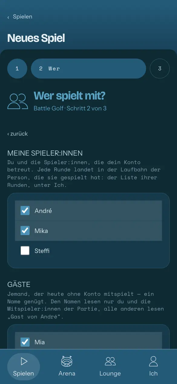 Neues Spiel, Schritt 3 von 4: wer mitspielt — deine Spieler:innen in der Reihenfolge angehakt, in der sie abschlagen, und ein Gast mit Namen dazu.