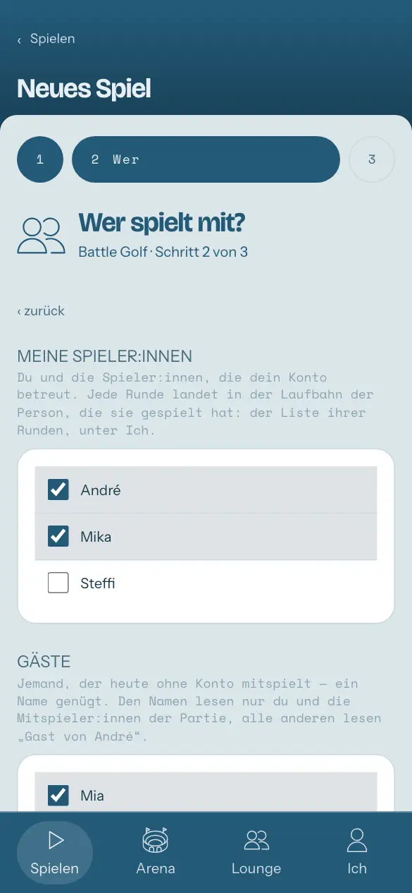 Neues Spiel, Schritt 3 von 4: wer mitspielt — deine Spieler:innen in der Reihenfolge angehakt, in der sie abschlagen, und ein Gast mit Namen dazu.