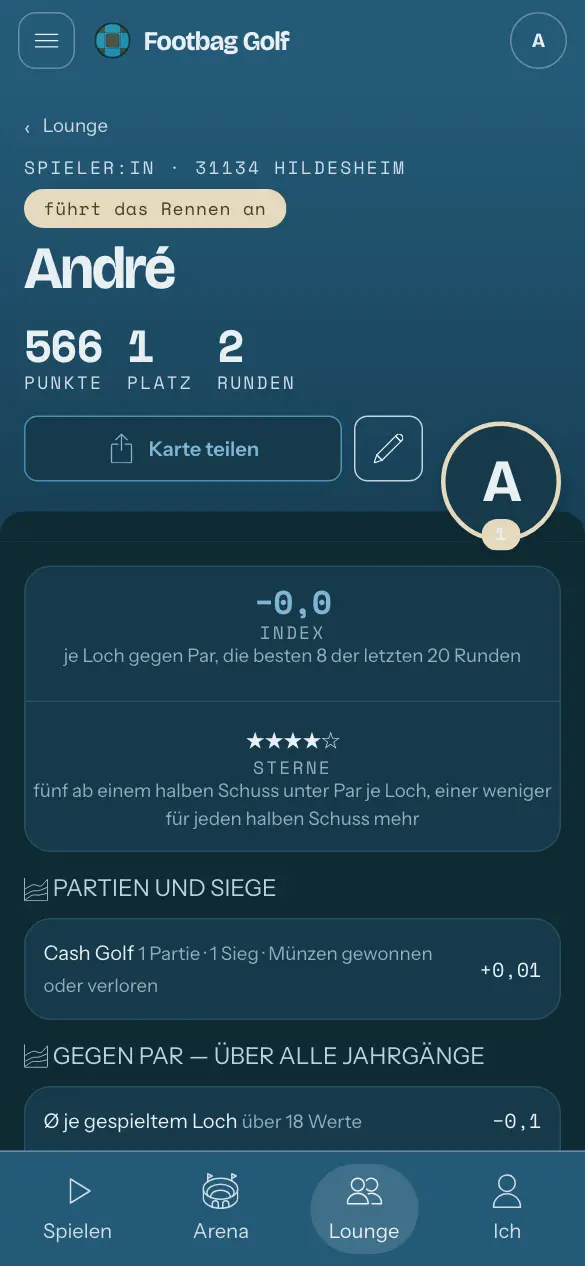 Die Seite einer Spieler:in: Punkte, Runden und Spiele.