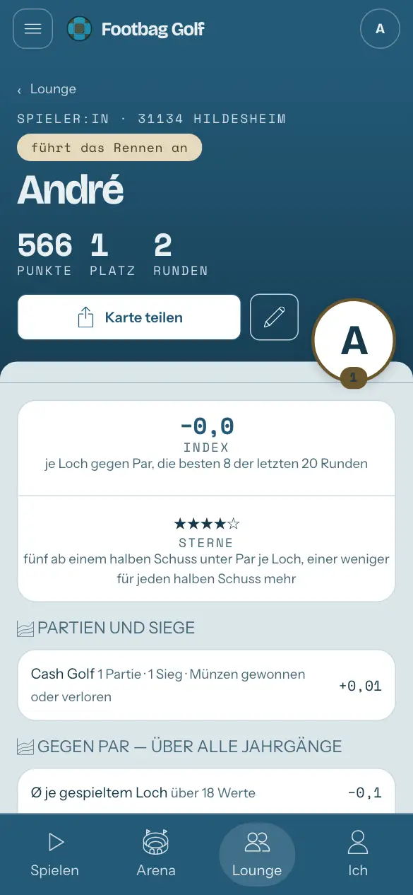 Die Seite einer Spieler:in: Punkte, Runden und Spiele.
