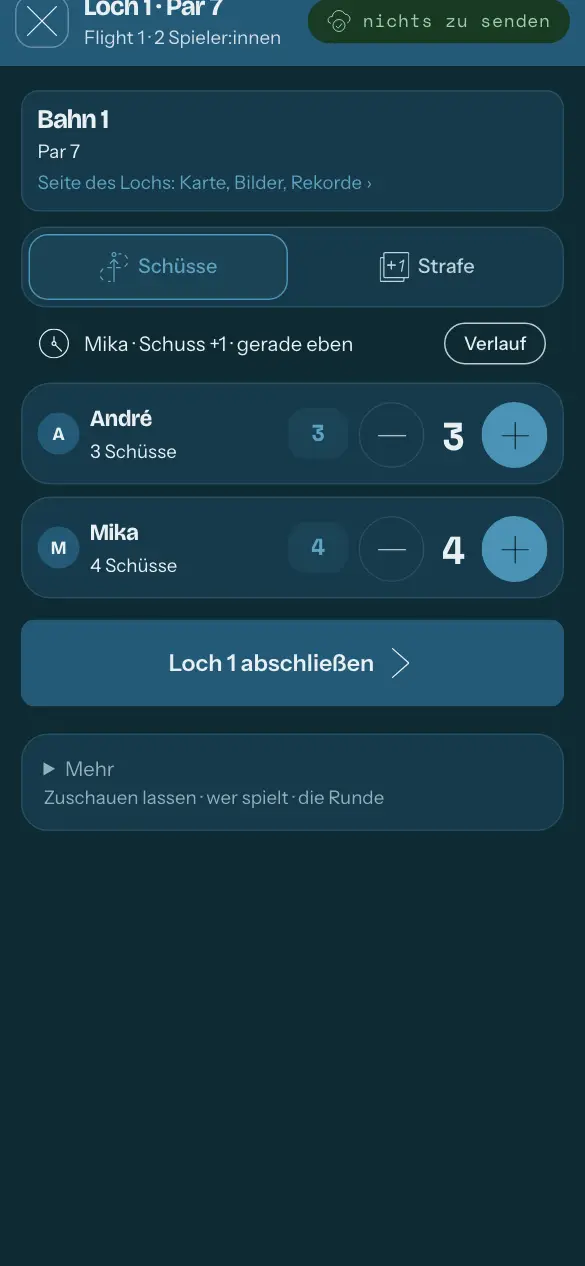 Die Tafel einer Runde: eine Zeile je Person, Minus und Plus, und das Loch mit seinem Par.