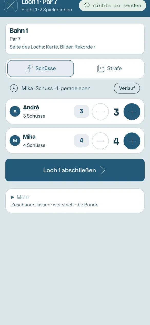 Die Tafel einer Runde: eine Zeile je Person, Minus und Plus, und das Loch mit seinem Par.