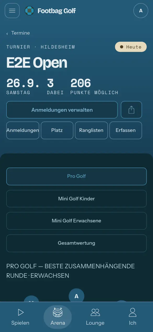 Die Turnierseite: das Treppchen einer Wertung, darunter deine eigene Zeile, dann der Ablauf.