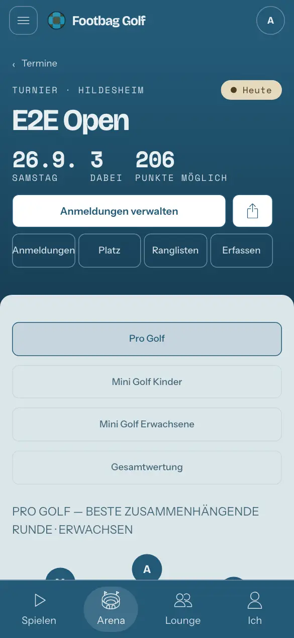 Die Turnierseite: das Treppchen einer Wertung, darunter deine eigene Zeile, dann der Ablauf.